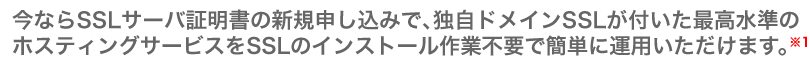 今ならSSLサーバ証明書の購入申し込みで、独自ドメインSSLが付いた最高水準のホスティングサービスをSSLのインストール作業不用で簡単に運用ができます。